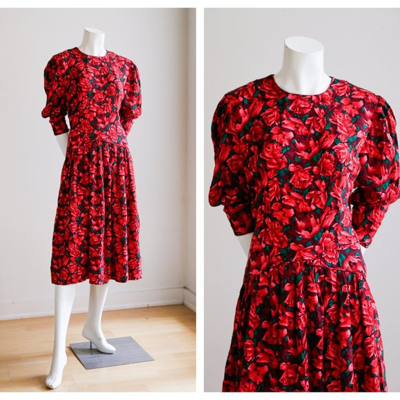 Unbranded | Vintage Dresses & Skirts - Vintage Red Floral Poppy Print Silk Midi Dress